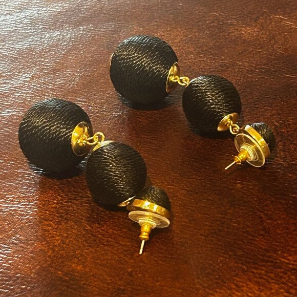 Triple Ball Drop Dangling Earrings Black and Gold - Picture 3 of 7